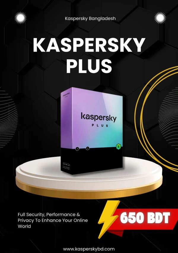 Kaspersky Plus 1 User – Advanced security software with full protection, performance, and privacy, available at Kaspersky Bangladesh for 650 BDT.